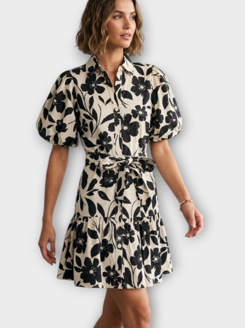 Jessica Simpson Floral Puff Sleeve Shirt Dress in Black and Cream Women’s Size S